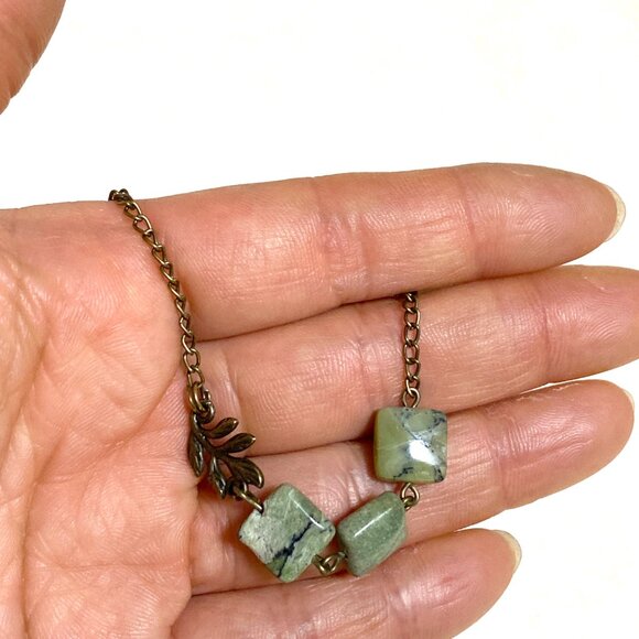 2/$20 Dark Green Serpentine Leaf Branch Necklace, Genuine Gemstone Bronze Chain - Picture 14 of 16
